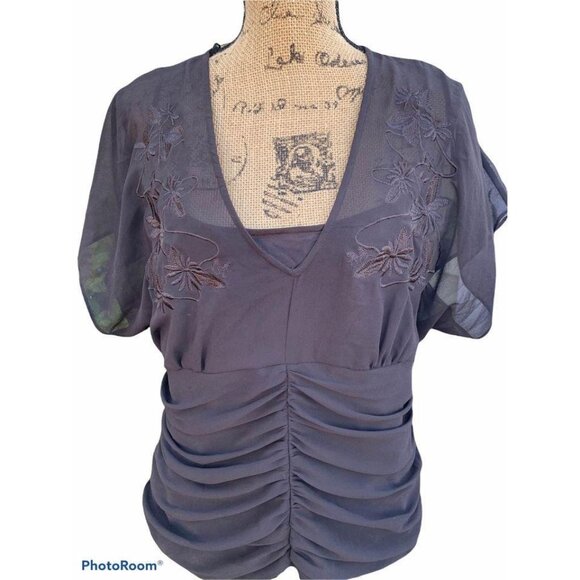 🍒 2/$20 🍒 Brown Bandalino Ruched Deep V-Neck Embroidered Side-zip Blouse sz 16 - Picture 1 of 5
